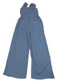 Modrošedý kalhotový culottes overal s volánky Dunnes