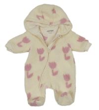 Bílo-růžová huňatá kombinéza s kytičkami a kapucí John Lewis 