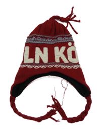Červená pletená podšitá ušanka s nápisem 