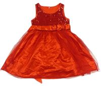 Červené saténové slávnostné šaty s tylem a flitrami a kvietkami