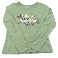 Olivové tričko s motýlikmi a nápismi PRIMARK