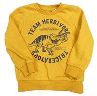 Hořčicová mikina s dinosaurem a nápisy C&A