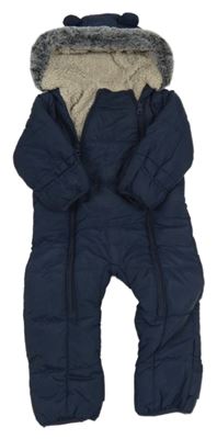 Tmavomodrá prošívaná šusťáková zimní kombinéza s kapucí s kožešinou George