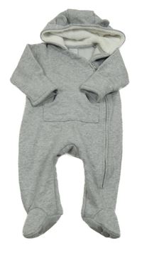 Sivá melírovaná tepláková tepláková kombinéza s vreckom a medvedíkom a kapucňou s uškami LITTLE