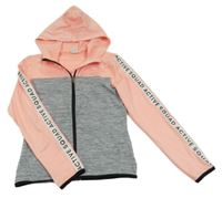 Šedo-světleoranžová melírovaná propínací sportovní mikina s pruhem s nápisy a kapucí H&M