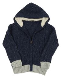 Tmavomodro-šedý vzorovaný melírovaný propínací svetr s kapucí George