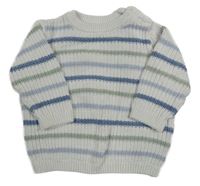 Bílo-modro-světlekhaki pruhovaný rebrovaný sveter tu
