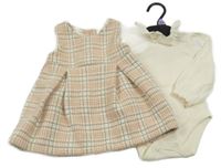 Nové - 2Set - Smetanovo-starorůžovo-černé kostkované teplé šaty se třpytkami + smetanové žebrované body s volánkem s madeirou F&F