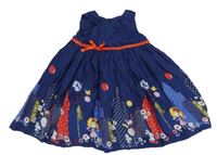 Tmavomodré šaty s budovami a dievčatky a mašli Mothercare