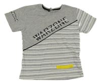 Sivo-bielo-olivovošedé pruhované melírované tričko s nápisom