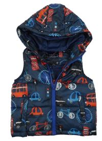 Tmavomodrá prošívaná šusťáková zateplená vesta s obrázky - Londýn a kapucí Next