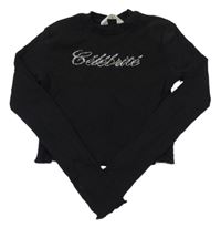 Čierne rebrované crop tričko s nápisem z kamínků H&M