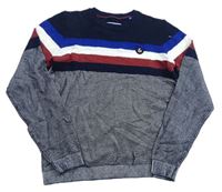 Tmavomodro-farebný pruhovano-vzorovaný sveter