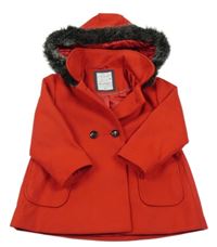 Červený flaušový podšitý kabát s kapucí s kožešinou F&F