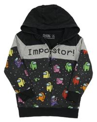 Černo-šedá mikina s Among Us a kapucí