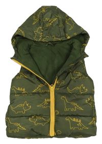 Khaki šušťáková zateplená vesta s dinosaurami a kapucňou Dunnes
