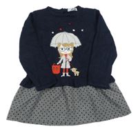 Tmavomodro-sivé vlněno/plátěné šaty s dívkou