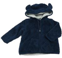 Tmavomodrá chlupatá zateplená propínací mikina s kapucí s oušky Peacocks