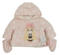 Nové - Světlerůžová puntíkatá chlupatá zateplená propínací bunda s Minnie a kapucí + rukavice Disney