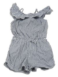 Tmavomodro-bílý pruhovaný plátěný kraťasový overal s volánem Next