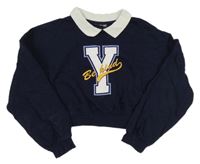 Tmavomodrá crop mikina s písmenem a bielým golierikom Pep&Co