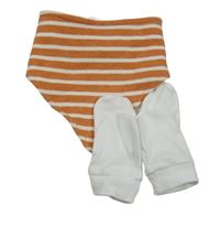 3 set - 2x bílé rukavice + hnědo-bílý pruhovaný slinták 