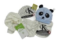 5 set - modrá čepice s pandou + smetanová zavazovací čepice + čepice - CK + bryndák CK + bílé kalhotky 