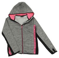 Šedá melírovaná sportovní propínací mikina s růžovým pruhem a kapucí 