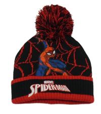 Černo-červená vzorovaná pletená čepice se Spidermanem a bambulí Matalan