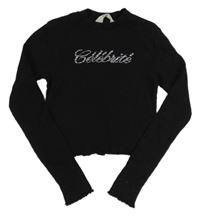 Čierne rebrované crop tričko s nápisem z kamínků H&M