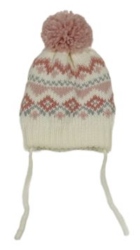 Nové - Bílo-růžová vzorovaná čepice s bambulí C&A