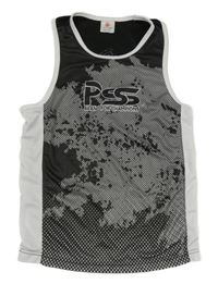 Černo-bílo-šedé vzorované sportovní tílko s nápisem