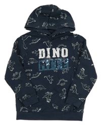 Tmavomodrá mikina s diny a nápisem a kapucí 