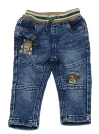 Tmavomodré teplákové rifle s medvídky a úpletovým pasem 