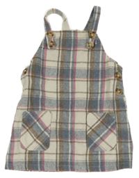 Bielo-šedomodro-ružovo-hnedé kockované vlnené na traké šaty Primark