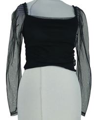 Dámske čierne tylové crop tričko PrettyLittle Thing vel. 32