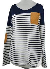 Dámské tmavomodro-bílé pruhované triko s kapsou 