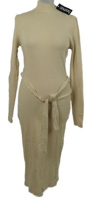 Nové - Dámské béžové žebrované midi šaty s páskem Boohoo 