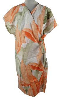 Dámské růžovo-khaki vzorované lněné zavinovací šaty 
