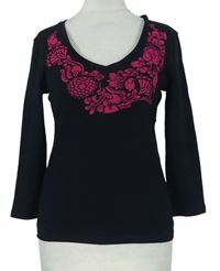 Dámske čierne tričko s ružovymi kvety M&S
