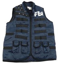 -Kockovaným Tmavomodro-čierna šušťáková zateplená vesta s nápisom