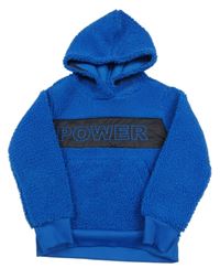 Modro-černá huňatá mikina s nápisem a kapucí