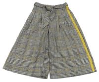 Šedo-černo-žluté vzorovano/kostkované culottes kalhoty s pruhem