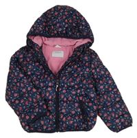 Tmavomodrá květovaná šusťáková lehká zateplená bunda s kapucí Matalan