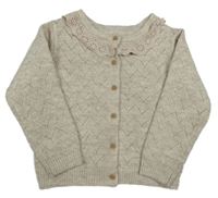 Béžový melírovaný propínací svetr s volánkem 