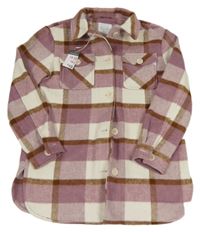 Nové - Fialovo-hnedo-biela kockovaná vlnená košeľová bunda Primark