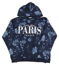 Tmavomodrá květovaná mikina s nápisem a kapucí H&M