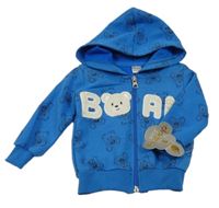 Nové - Modrá propínací mikina s medvídky, nápisem a kapucí 