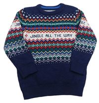 Tmavomodro-farebný vzorovaný sveter s nápisom F&F
