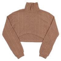 Svetloružová -sivý melírovaný rebrovaný crop sveter s rolákom